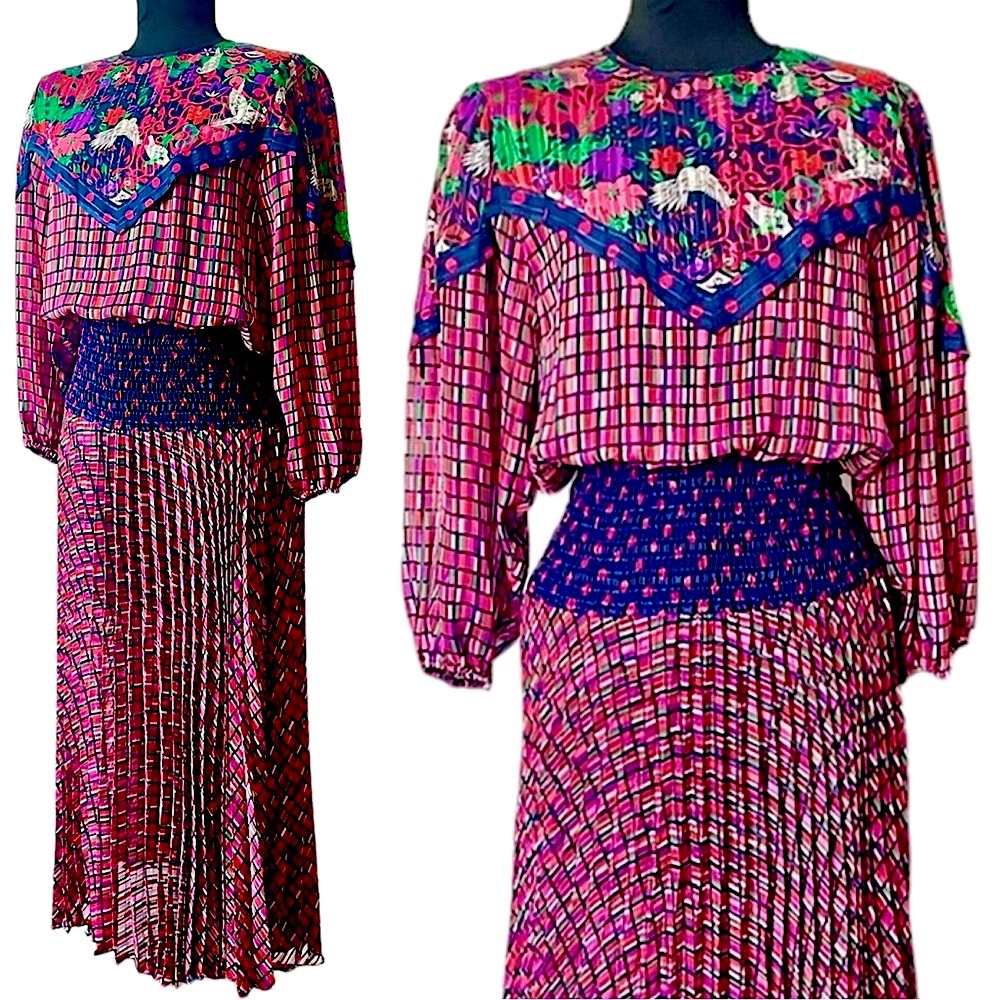 Diane Freis Dress 1980s Vintage Designer Dress Trendy Colorful Pleat Ruche Waist - Picture 2 of 10